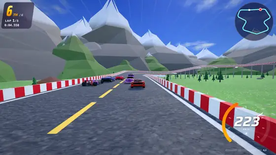 Alpine Pass track in Hot Racers: climbing hairpins, crest jump, snow peaks