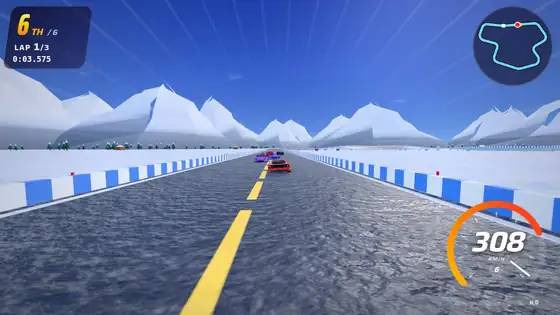 Frozen Lake track in Hot Racers: low-grip ice, aurora nights
