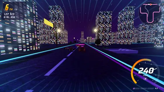 Neon Night City track in Hot Racers: 68° wall-ride hairpin, alley shortcut