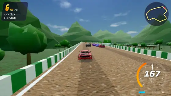 Rainforest Rally track in Hot Racers: gravel stage, river crossing, two jumps